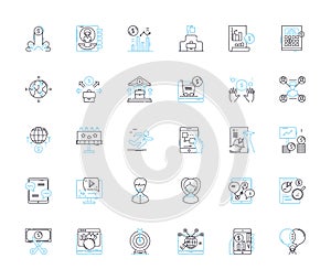 Social advertising linear icons set. Engagement, Awareness, Targeting, Reach, Conversion, Analytics, Viral line vector