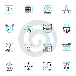 Social analytics linear icons set. Metrics, Engagement, Insights, Performance, Influencers, Sentiment, Followers line