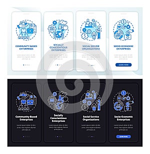 Social business focus dark, light onboarding mobile app page screen