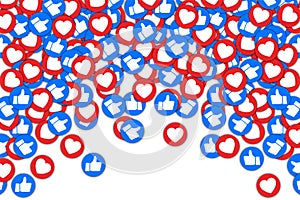 Social buttons thumb up like and red heart background. Social media likes falling background for advertisement, promotion.