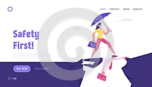 Social Climber, Careerist Reach Goal Website Landing Page. Business Woman with Umbrella Overcome Abyss