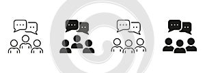 Social Communication Line and Silhouette Icon Set. Speak At Meeting Pictogram. Business Discussion Symbol Collection