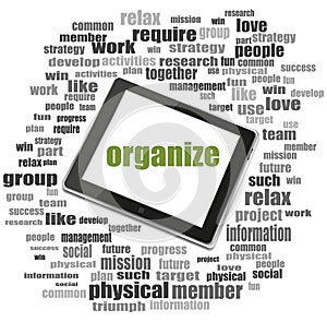 Social concept. word organize . Word collage with tablet pc