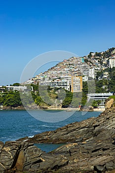 Social contrast. Vidigal district and luxury hotel, slum favela and sophisticated buildings in the South Zone of Rio de Janeiro.