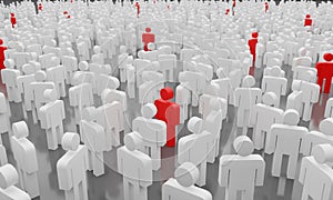 Social distance concept. Too many people with infected man in red symbolizing