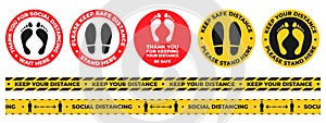 Social distance floor stickers. Round wait here warning signs with foot and shoe prints. Keep safe distancing tape