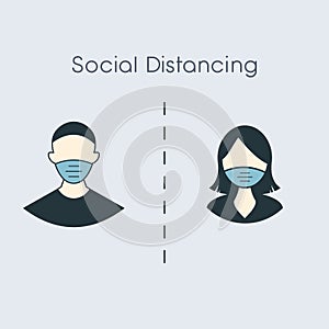 Social distance icon, measure protection from spread virus, people isolation from coronavirus, thin outline web symbol on white