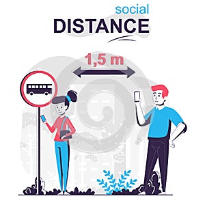 Social distance isolated cartoon concept. Man and woman distancing at bus stop, coronavirus people scene in flat design. Vector