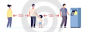 Social distance. Safe self precautions infographic, people wearing protective masks. Woman man kid prevent coronavirus