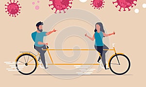 Social distance of society. People stay away from each other vector illustration. A man and a woman on a biÑycle keep the