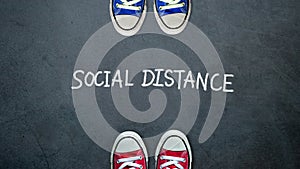 Social distance. two people keep spaced between each other for social distancing, increasing the physical space between people