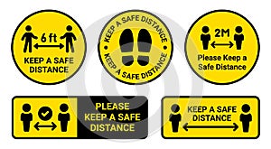 Social Distance Yellow Sign, Keep A Safety Distance Icons.