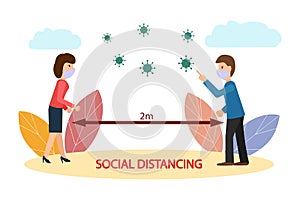 Social distances, keep your distance in a public place to protect yourself from the COVID-19 coronavirus. Man and woman