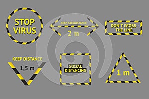 Social distancing banner collection. Barricade tape set. Safety area banners. Danger zone protection.