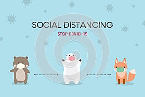 Social Distancing Concept. Coronavirus COVID-19 prevention Vector Illustration. Cute Bear, Polar bear and Fox character wearing