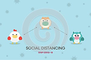 Social Distancing Concept. Coronavirus COVID-19 prevention Vector Illustration. Cute Owl, Chicken and Dog - Pomeranian Puppy