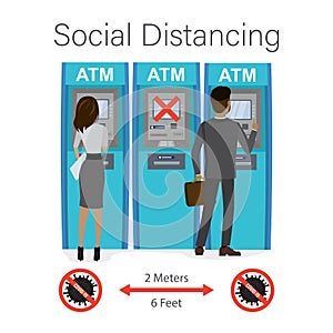 Social distancing, coronavirus prevention, distance 2 meters. Cartoon business people uses ATM cash machine