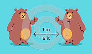 Social distancing COVID-19 illustration depicts keep 1 meter distance, 6 feet distance - cool bears show thumbs up - cartoon