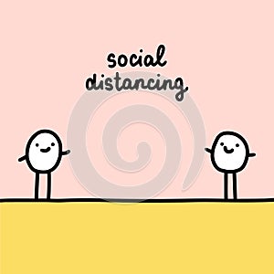 Social distancing hand drawn vector illustration in cartoon comic style people apart