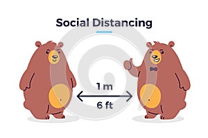 Social distancing image COVID-19 - Keep your distance 1 m / 6 feet icon - cartoon vector illustration of two bears characters