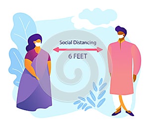 Social Distancing, indian woman and man wearing national traditional clothes keeping distance for infection risk and disease. 6