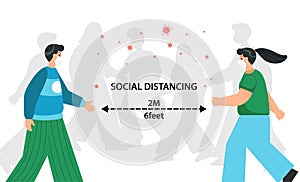 Social distancing man and woman character wearing medical mask