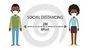 Social distancing man and woman character wearing medical mask