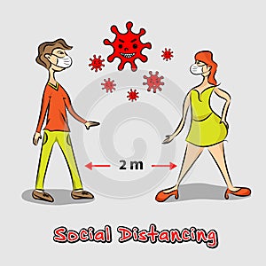 Social Distancing man with women wearing surgical or medical face mask maintain to prevent COVID-19. Cartoon