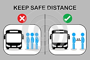 Social distancing with many people on queue line in bus station. Passenger waiting bus stop. City community transport vector