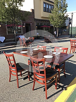 Social Distancing, Outdoor Dining, COVID-19, Coronavirus, Restaurant Tables And Chairs, Rutherford, NJ, USA