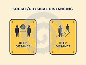 Social distancing or physical distance people with modern yellow black sign symbol icon