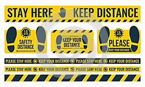 Social Distancing. Please Keep Your Distance. Safe distance. Place the yellow floor sticker at a distance from the floor