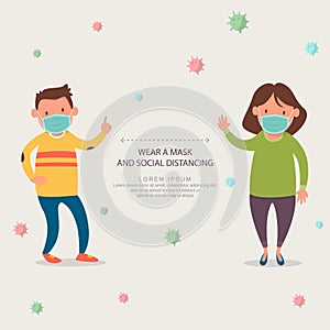 boy and girl wear a mask and Social distancing, precaution tips from virus, cartoon illustration photo