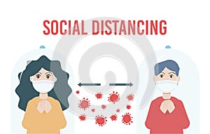 Social Distancing Quarantine, people surrounded by viruses. Social Distancing keeping distance for infection risk and disease