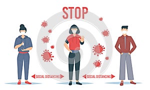 Social Distancing Quarantine, people surrounded by viruses. Social Distancing keeping distance for infection risk and disease