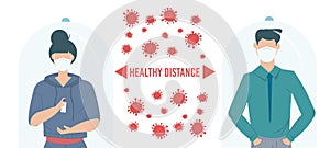 Social Distancing Quarantine, people surrounded by viruses. Social Distancing keeping distance for infection risk and disease