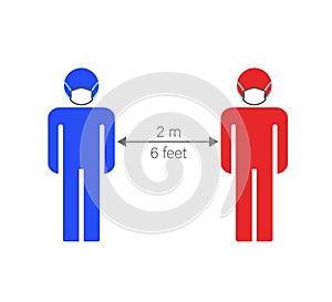 Social distancing red and blue man and woman character wearing medical mask. solution for Covid-19