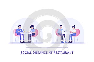 Social Distancing at Restaurant Concept. Young people sitting at tables separated from each other and eating. Protection from