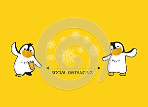 Social distancing, self-isolation concept. Penguin standing away to prevent coronavirus character vector design