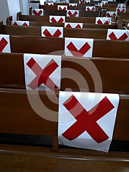Social distancing signs in a church