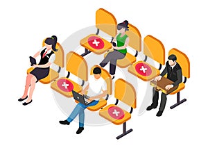 Social distancing at waiting area. People are sitting on chair with maintaining distance for covid 19 virus. Vector illustration