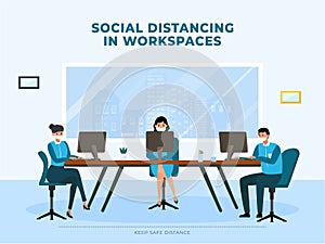 Social distancing in workspaces design. Social distancing illustrated concept