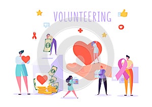 Social Donate Volunteer Character Banner. People Money Charity Work Heart Symbol Poster. Human Care Aids Ribbon