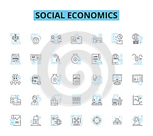 Social Economics linear icons set. Inequality, Welfare, Capitalism, Socialism, Redistribution, Injustice, Poverty line