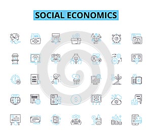 Social Economics linear icons set. Inequality, Welfare, Capitalism, Socialism, Redistribution, Injustice, Poverty line