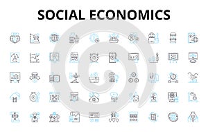 Social Economics linear icons set. Inequality, Welfare, Capitalism, Socialism, Redistribution, Injustice, Poverty vector