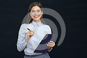 Social employee woman holding clipboard.