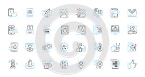 Social engagement linear icons set. Connection, Community, Interaction, Participation, Collaboration, Involvement