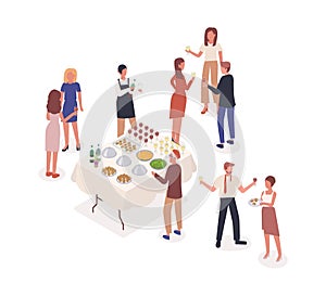 Social event, stand-up meal isometric vector illustration. Corporate party, soiree, celebration. Male waiter and party