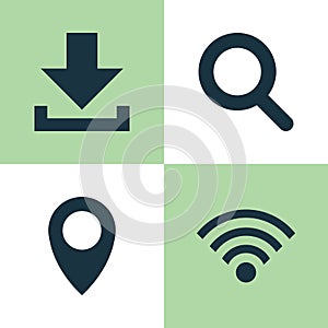 Social Icons Set. Collection Of Pin, Down Arrow, Wireless Connection And Other Elements. Also Includes Symbols Such As